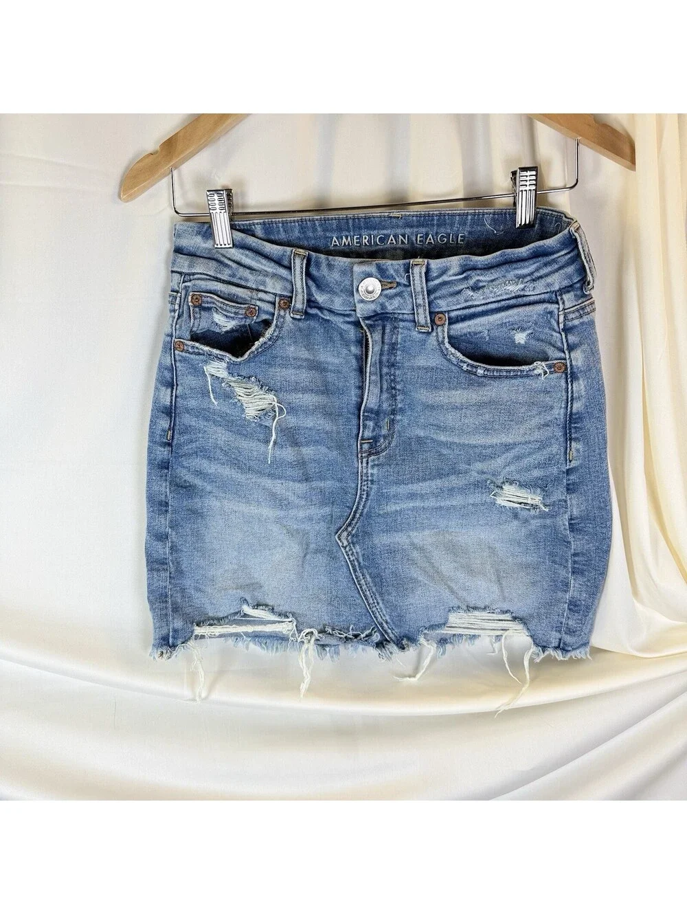 American Eagle Womens 4 REG Curvy Hi-Rise Mini Super Stretch Blue Jean Skirt